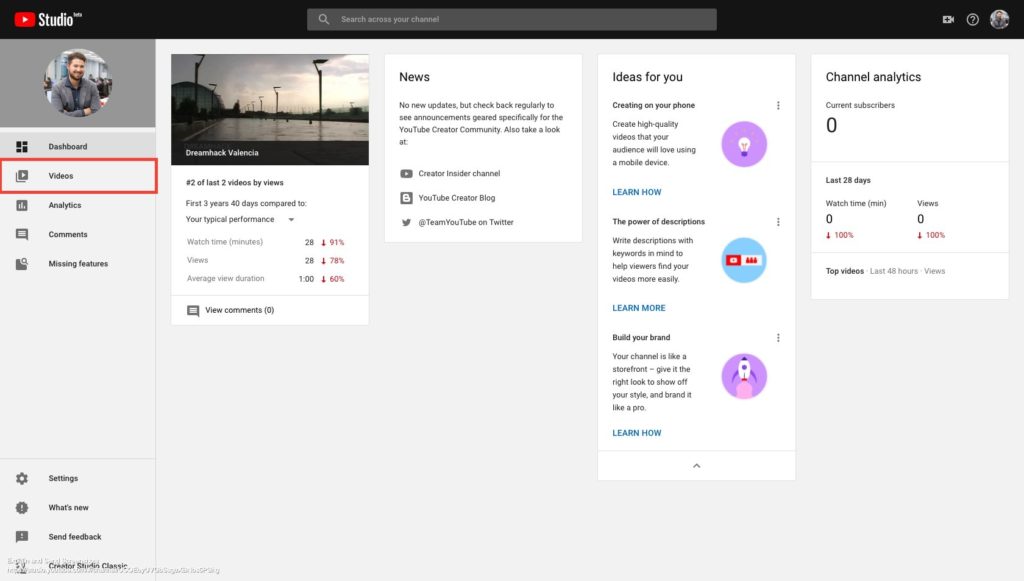 Screenshot of Channel Dashboard – YouTube Studio