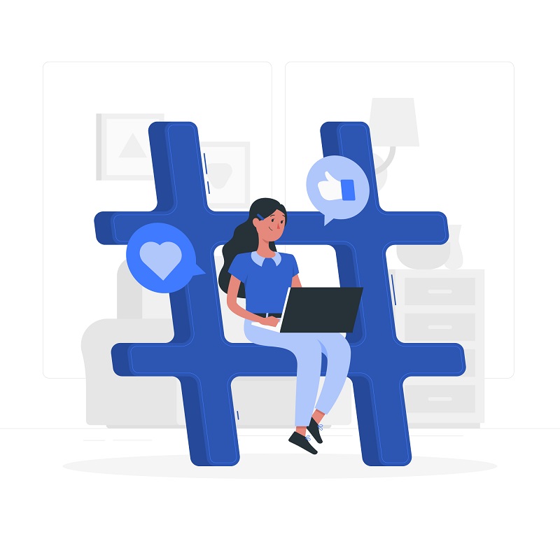 showing What is linkedin in an illustration. a girl sits on a hashtag sign and working with linkedin