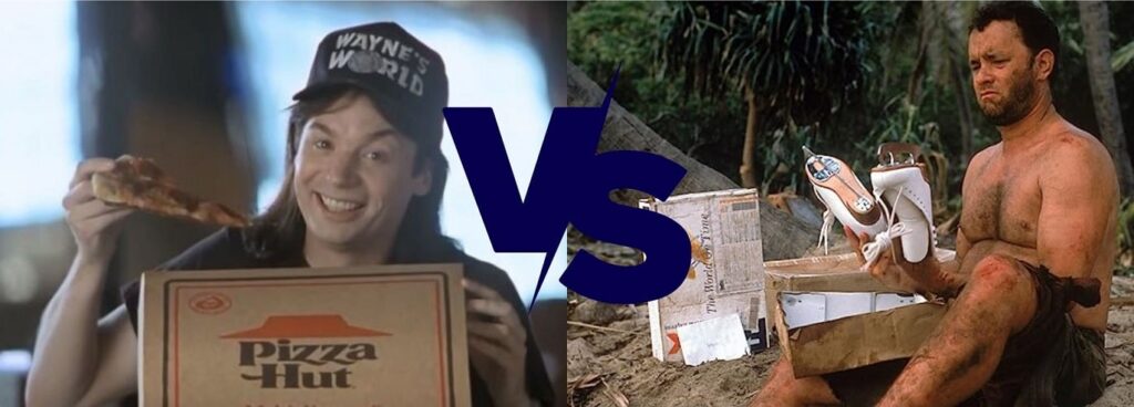 comparing Pizza Hut product placement in the Wayne's World vs FedEx product placement on Castaway.