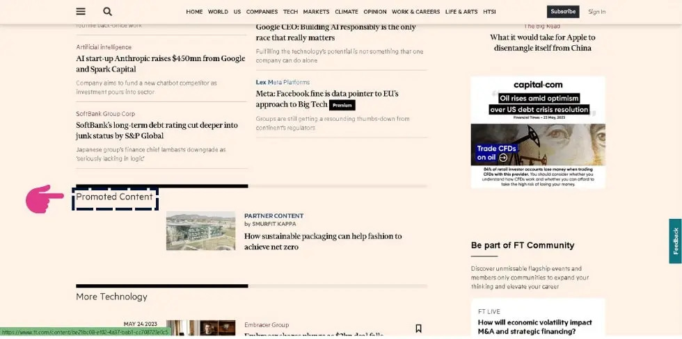 Showing Financial Times promoted content as a sponsored content example.